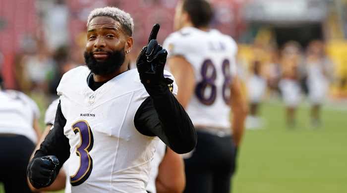 Odell Beckham Jr. gestures during a Ravens’ preseason game against the Commanders.